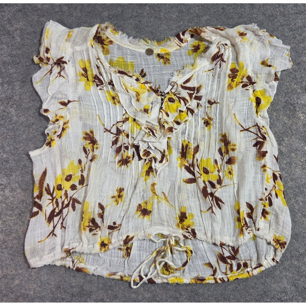 Free People FP One Yellow Floral Ruffle Pintuck Gauze Blouse Large
